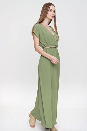Kadın Haki Yeşil Omzu Tokalı Sırt Ve Göğüs Hasır Dekolteli Kruvaze Uzun Giy Çık Elbise Yb3127300