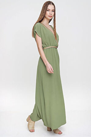 Kadın Haki Yeşil Omzu Tokalı Sırt Ve Göğüs Hasır Dekolteli Kruvaze Uzun Giy Çık Elbise Yb3127300
