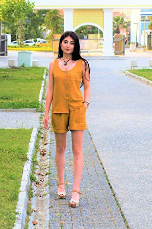 Kadın Kalın Askılı Yuvarlak Yaka Düğmeli Kolsuz Keten Günlük Gömlek Bluz 2910170