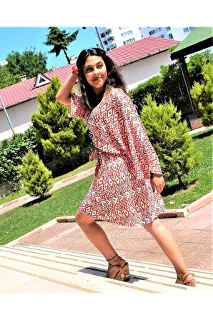 Kadın Mavi Viskon Göğüs Dekolte Mini Kimono Etnik Yarasa Kol Rahat Kloş Mini Elbise Yb3155108