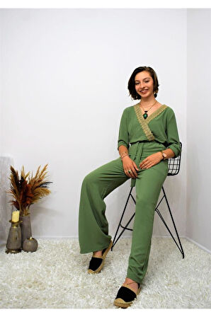 Kadın Siyah Beli Lastikli Kemerli Cepli Rahat Kolu Katlanabilir Kruvaze Hasır Yaka Tulum Yb2946300