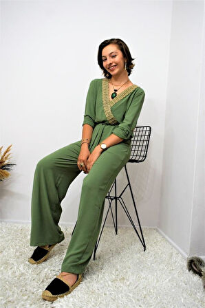 Kadın Siyah Beli Lastikli Kemerli Cepli Rahat Kolu Katlanabilir Kruvaze Hasır Yaka Tulum Yb2946300