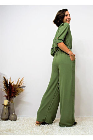 Kadın Siyah Beli Lastikli Kemerli Cepli Rahat Kolu Katlanabilir Kruvaze Hasır Yaka Tulum Yb2946300