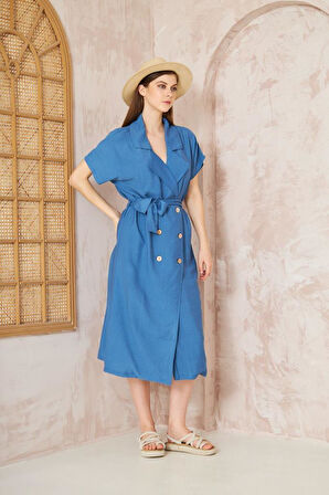 Kadın Keten Indigo Oversize Geniş Kesim /salaş /uzun Kısa Kollu Yazlık Ceket Elbise 3162400