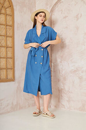 Kadın Keten Indigo Oversize Geniş Kesim /salaş /uzun Kısa Kollu Yazlık Ceket Elbise 3162400