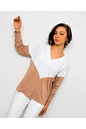 Kadın Lacivert Mint Mavi V Yaka Color Block Yumuşak Dokulu Rahat 3 Iplik Penye Bluz 3167170