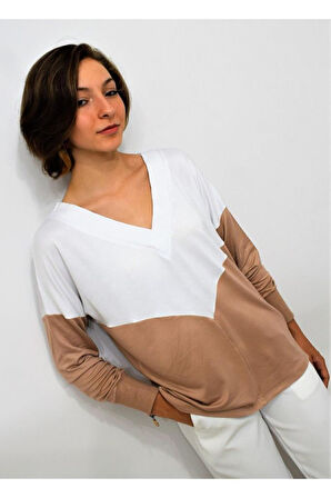 Kadın Lacivert Mint Mavi V Yaka Color Block Yumuşak Dokulu Rahat 3 Iplik Penye Bluz 3167170