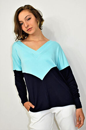 Kadın Lacivert Mint Mavi V Yaka Color Block Yumuşak Dokulu Rahat 3 Iplik Penye Bluz 3167170