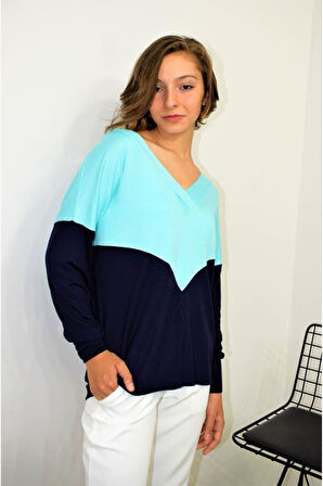 Kadın Lacivert Mint Mavi V Yaka Color Block Yumuşak Dokulu Rahat 3 Iplik Penye Bluz 3167170