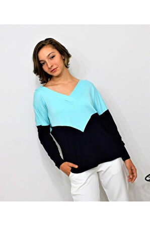 Kadın Lacivert Mint Mavi V Yaka Color Block Yumuşak Dokulu Rahat 3 Iplik Penye Bluz 3167170