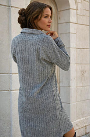 Kadın Polo Yaka Midi Uzun Kollu Simli Fitilli Spor Triko Elbise Yb2988210