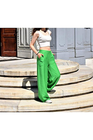 Kadın Bej Bol Paça Beli Lastikli Rahat Çift Cepli Keten Görünümlü Kumaş Yazlık Pantolon Yb2933220