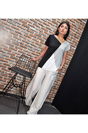 Pasaklı Giyim Kadın Siyah Beyaz Gri Renk Bloklu Kısa Kollu Salaş Penye T-shirt 3207130