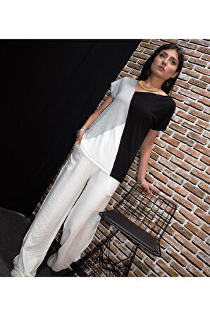 Pasaklı Giyim Kadın Siyah Beyaz Gri Renk Bloklu Kısa Kollu Salaş Penye T-shirt 3207130