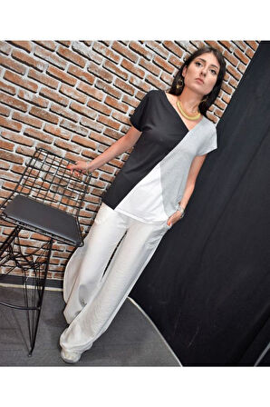 Pasaklı Giyim Kadın Siyah Beyaz Gri Renk Bloklu Kısa Kollu Salaş Penye T-shirt 3207130