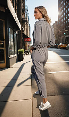 Kadın Safari Uzun Kollu Beli Bağcıklı Düğmeli Cepli Tulum 3164450