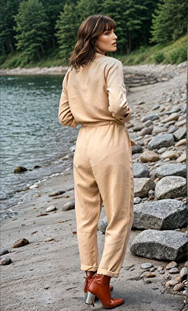 Kadın Safari Uzun Kollu Beli Bağcıklı Düğmeli Cepli Tulum 3164450