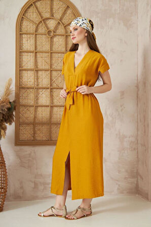 Kadın Hardal Keten Kemerli Kısa Kollu Yazlık Rahat Kesim Yırtmaçlı Günlük Uzun Elbise 3221300