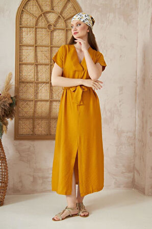 Kadın Hardal Keten Kemerli Kısa Kollu Yazlık Rahat Kesim Yırtmaçlı Günlük Uzun Elbise 3221300