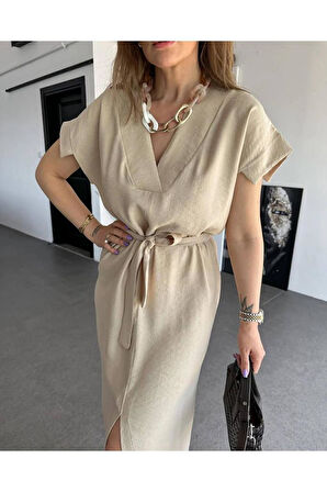 Kadın Hardal Keten Kemerli Kısa Kollu Yazlık Rahat Kesim Yırtmaçlı Günlük Uzun Elbise 3221300