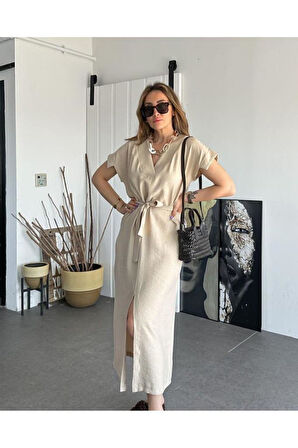 Kadın Hardal Keten Kemerli Kısa Kollu Yazlık Rahat Kesim Yırtmaçlı Günlük Uzun Elbise 3221300