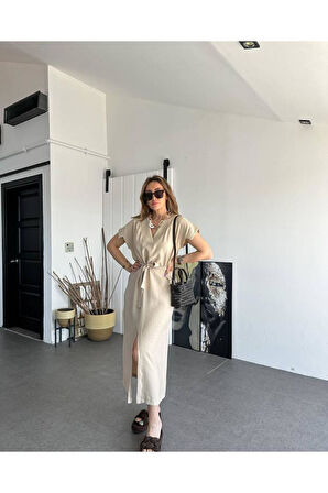 Kadın Hardal Keten Kemerli Kısa Kollu Yazlık Rahat Kesim Yırtmaçlı Günlük Uzun Elbise 3221300