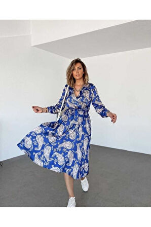 Kadın ZümrütSaten Kruvaze Yaka Kemerli Kloş Uzun Kollu Elbise 3236300