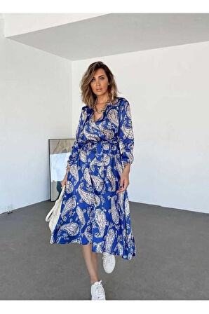 Kadın ZümrütSaten Kruvaze Yaka Kemerli Kloş Uzun Kollu Elbise 3236300