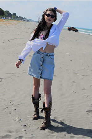 Kadın Kar Yıkama Düğmeli Cepli Denim Kot Mini Etek 700-kt0053