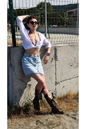 Kadın Kar Yıkama Düğmeli Cepli Denim Kot Mini Etek 700-kt0053