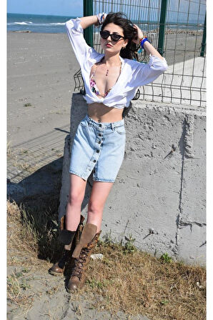 Kadın Kar Yıkama Düğmeli Cepli Denim Kot Mini Etek 700-kt0053