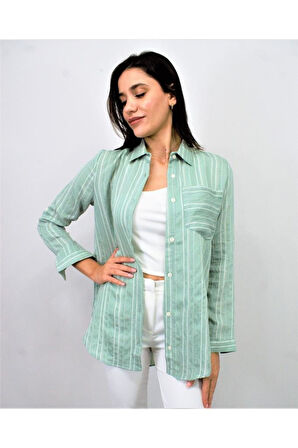 Kadın Siyah Dik Çizgili Tek Cep Arkası Uzun Oval Basic Gömlek Yb3266200