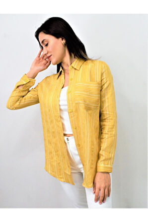 Kadın Siyah Dik Çizgili Tek Cep Arkası Uzun Oval Basic Gömlek Yb3266200