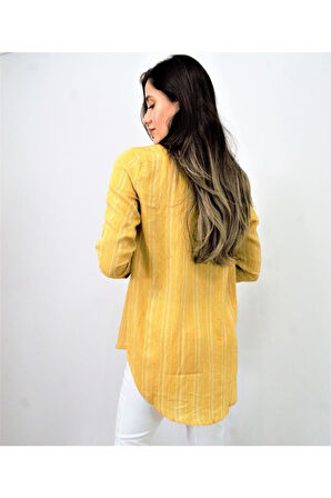 Kadın Siyah Dik Çizgili Tek Cep Arkası Uzun Oval Basic Gömlek Yb3266200