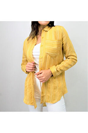 Kadın Siyah Dik Çizgili Tek Cep Arkası Uzun Oval Basic Gömlek Yb3266200