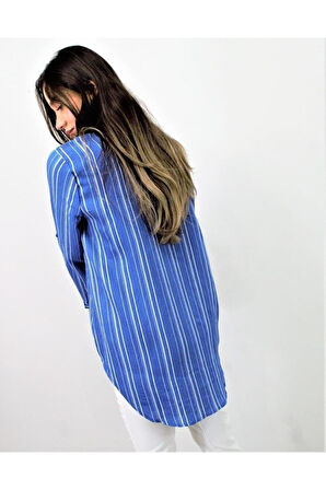 Kadın Siyah Dik Çizgili Tek Cep Arkası Uzun Oval Basic Gömlek Yb3266200