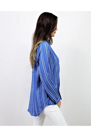 Kadın Siyah Dik Çizgili Tek Cep Arkası Uzun Oval Basic Gömlek Yb3266200