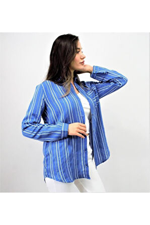 Kadın Siyah Dik Çizgili Tek Cep Arkası Uzun Oval Basic Gömlek Yb3266200