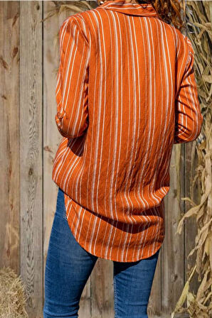 Kadın Dik Çizgili Tek Cep Arkası Uzun Oval Basic Gömlek Yb3266187