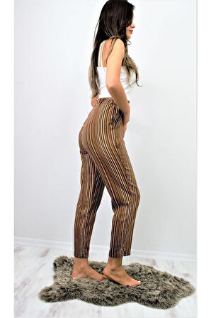 Kadın Bej Krem Cepli Beli Lastikli Dik Çizgili Duble Paça Rahat Yazlık Pantolon 3277200