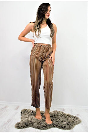 Kadın Bej Krem Cepli Beli Lastikli Dik Çizgili Duble Paça Rahat Yazlık Pantolon 3277200