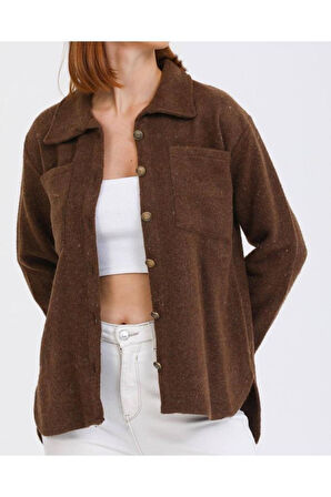 Kadın Taş Rengi Kaşe Kalın Düz Renk Çift Cepli Oduncu Gömlek Yb3275220