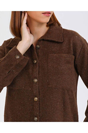 Kadın Taş Rengi Kaşe Kalın Düz Renk Çift Cepli Oduncu Gömlek Yb3275220