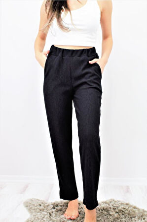 Kadın Siyah Yumuşak Dokulu Yüksel Bel Beli Lastikli Esnek Rahat Pantolon Yb3273210