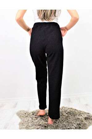 Kadın Siyah Yumuşak Dokulu Yüksel Bel Beli Lastikli Esnek Rahat Pantolon Yb3273210