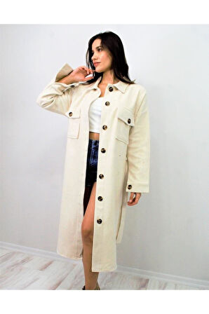 Kadın Kahverengi Kaşe Kemerli Çift Cep Düğmeli Uzun Oversize Oduncu Gömlek Tunik Elbise 3280308