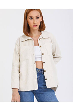 Kadın Taş Rengi Kaşe Kalın Düz Renk Çift Cepli Oduncu Gömlek Yb3275220