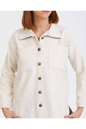 Kadın Taş Rengi Kaşe Kalın Düz Renk Çift Cepli Oduncu Gömlek Yb3275220