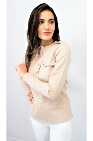 Kadın Siyah Apoletli Düğmeli Yarım Patlı Cep Detaylı Uzun Kollu Kaşkorse Bluz Yb3283200