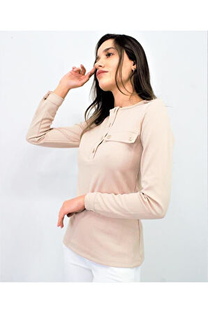 Kadın Siyah Apoletli Düğmeli Yarım Patlı Cep Detaylı Uzun Kollu Kaşkorse Bluz Yb3283200